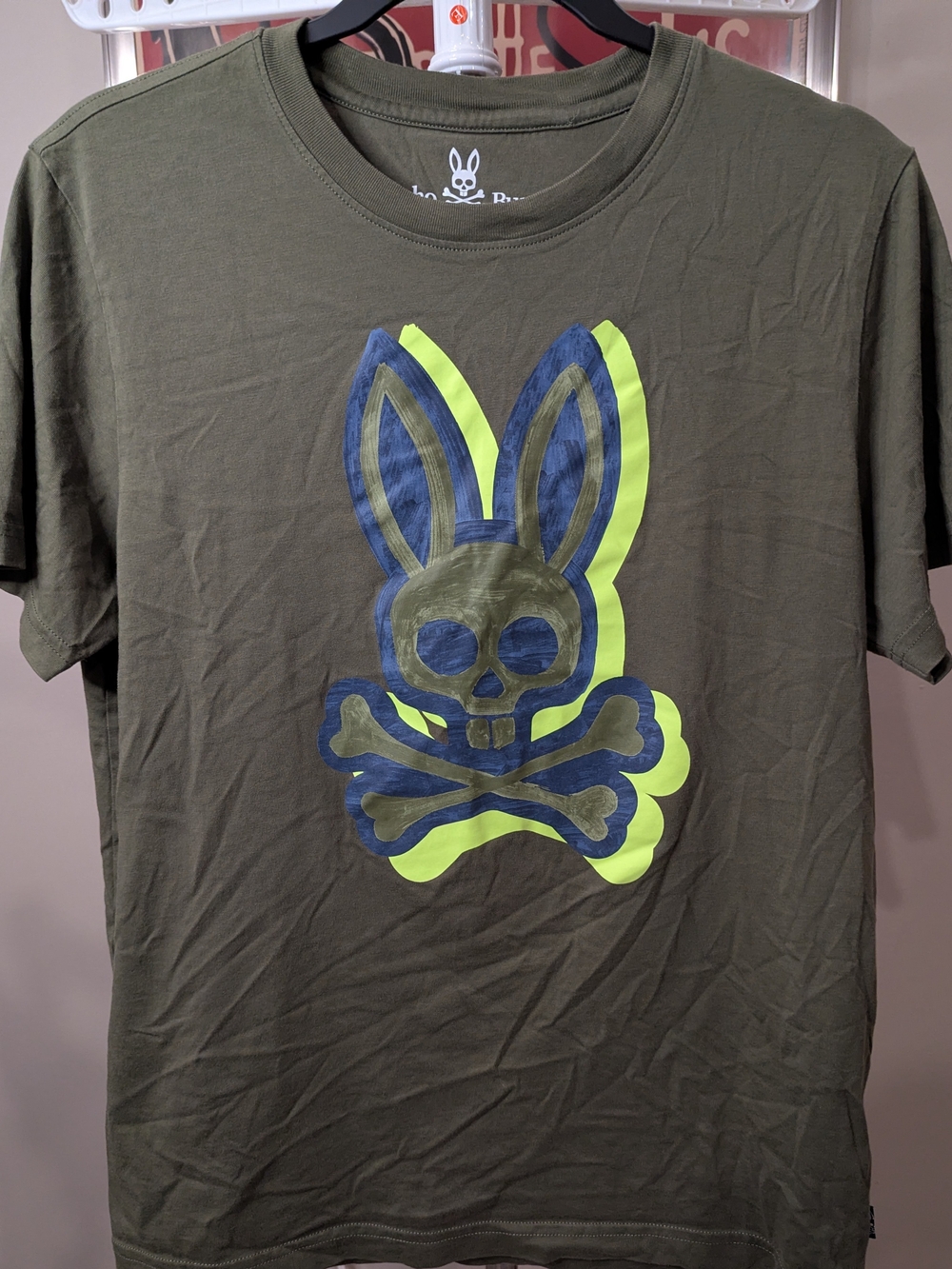 $20 Psycho Bunny Men's Med Varick Graphic Tee Olive Green Neon 100% Pima Cotton
